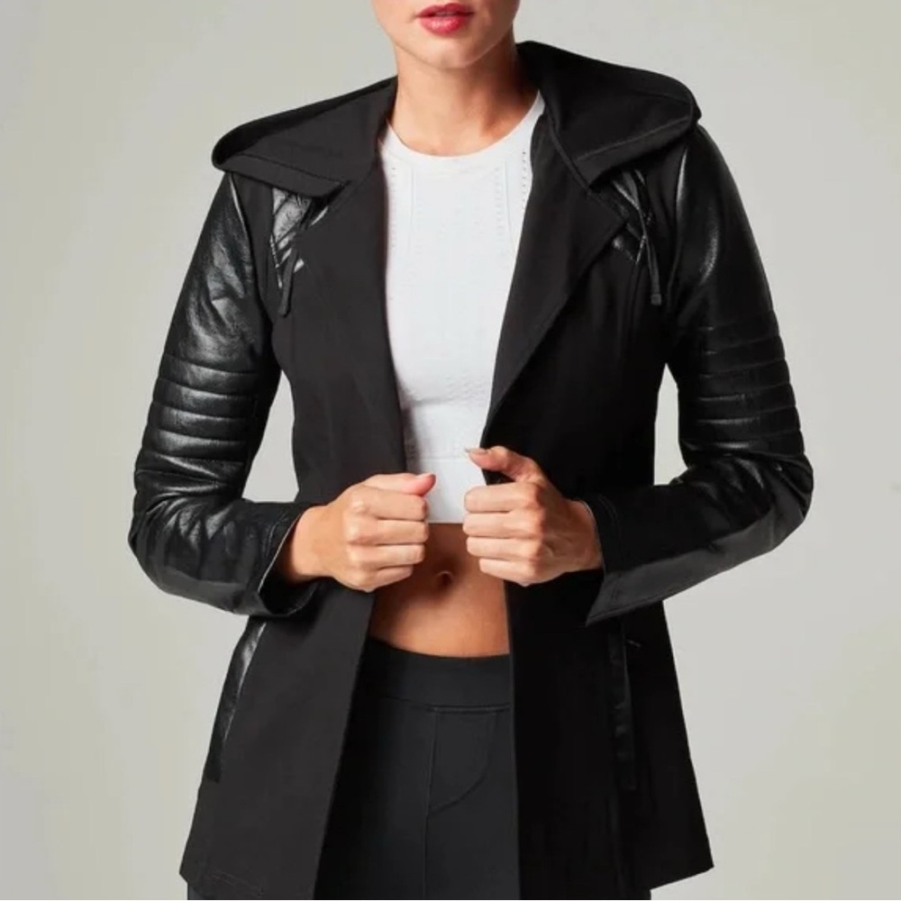 Blanc Noir Black  Stretch Hooded Leather (faux) Jacket SzMED